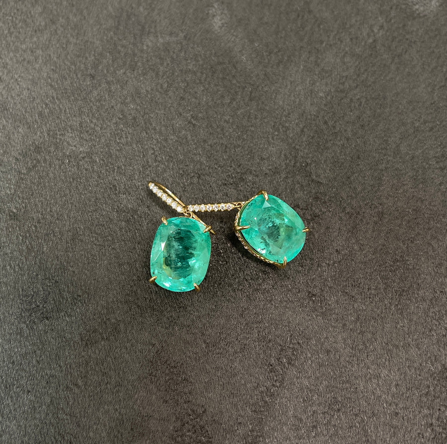 25.70tcw Large Cushion Cut Colombian Emerald & Diamond Dangle Earrings 18K