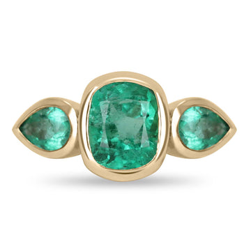 4.40tcw 14K Three Stone Cushion & Pear Emerald Ring