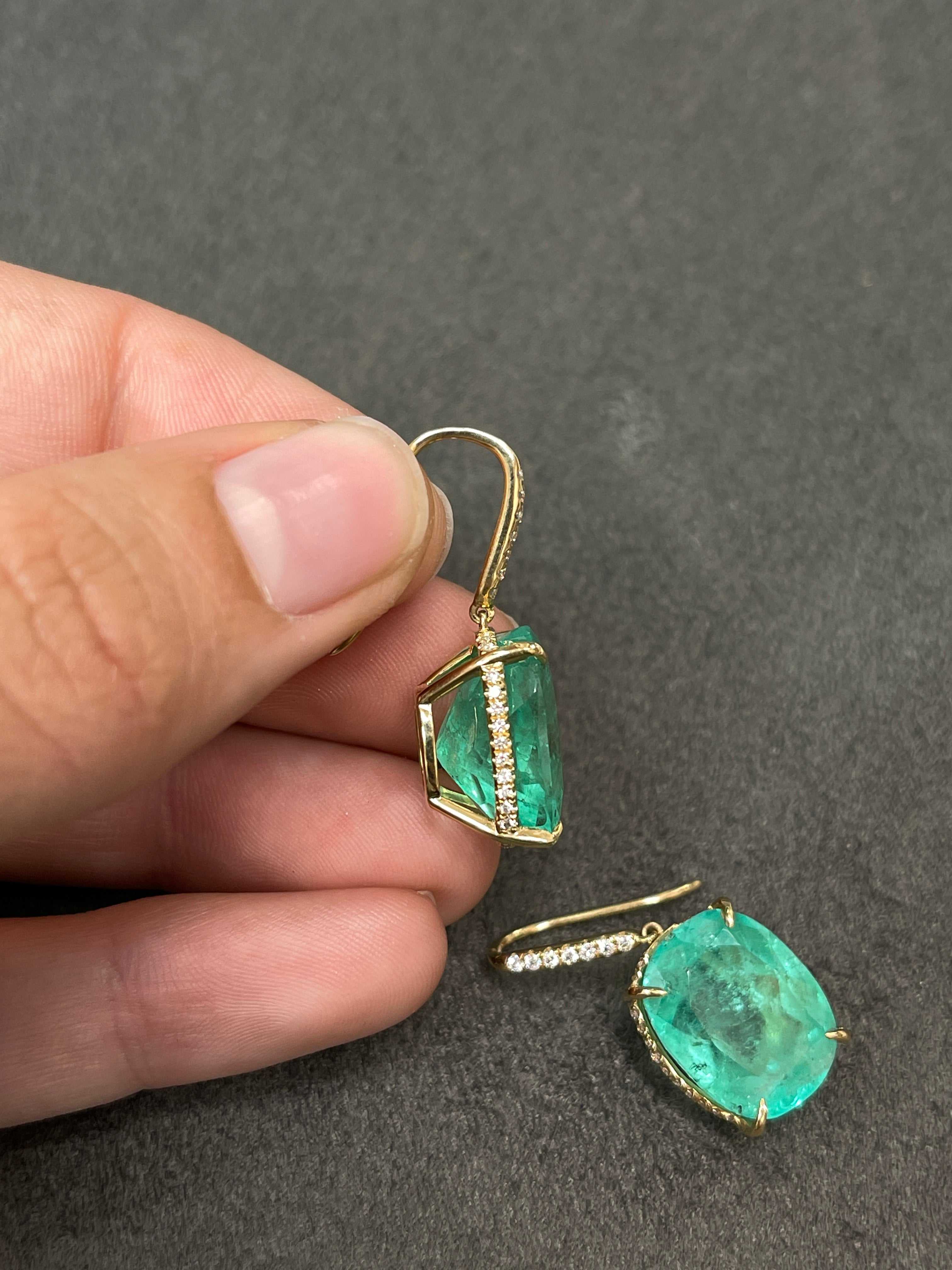 25.70tcw Large Cushion Cut Colombian Emerald & Diamond Dangle Earrings 18K - JR Colombian Emeralds