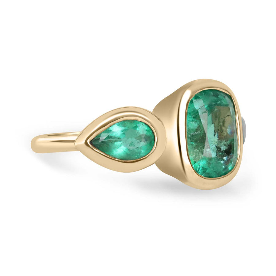 14K Three Stone Cushion & Pear Emerald Ring