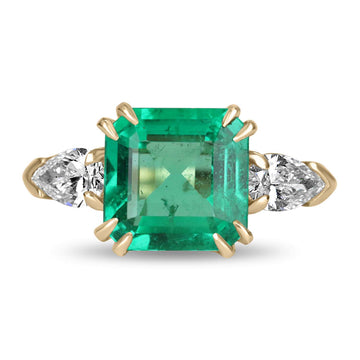 4.56tcw 18K Three Stone Emerald & Pear Diamond Ring