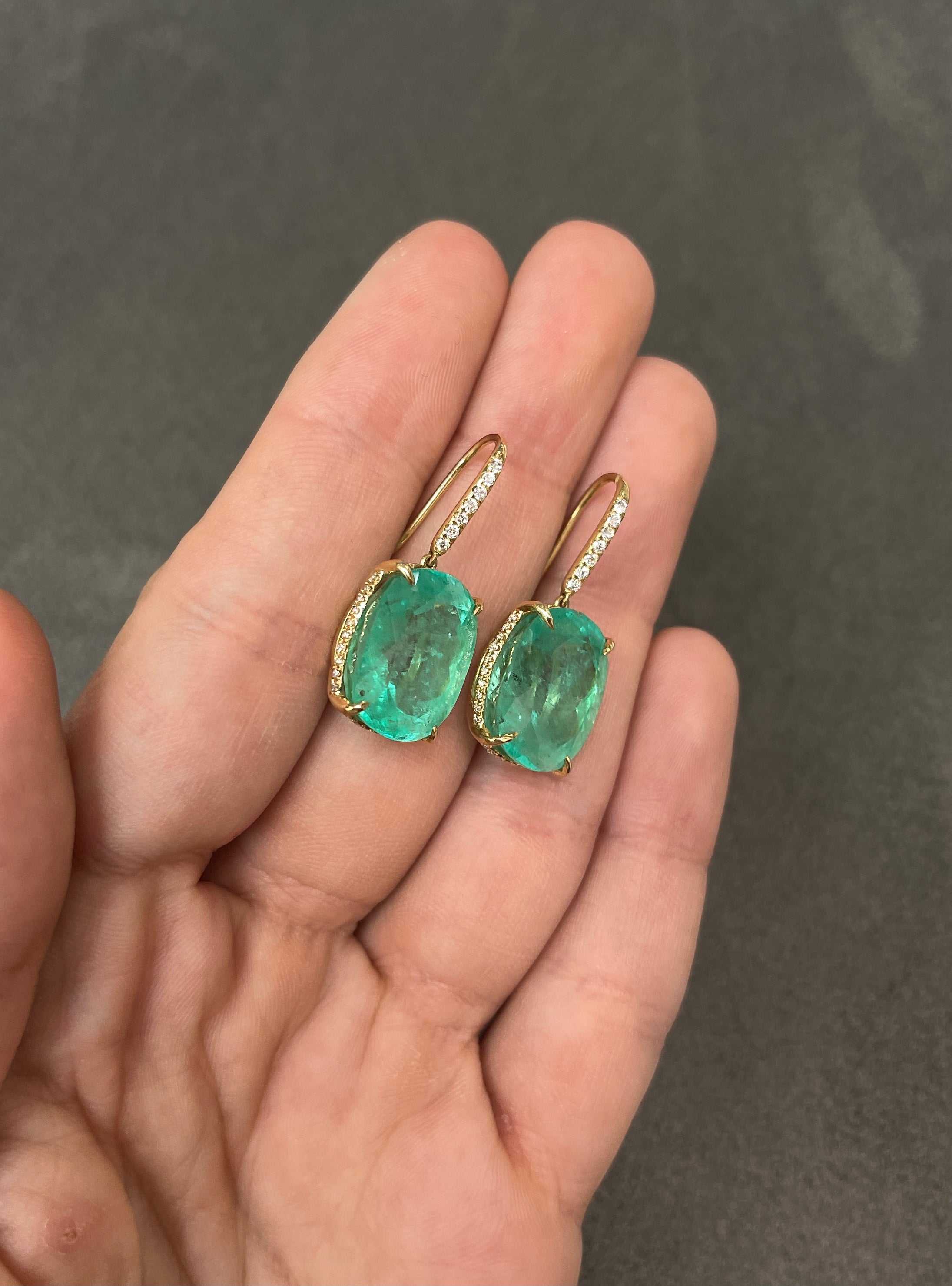 25.70tcw Large Cushion Cut Colombian Emerald & Diamond Dangle Earrings 18K - JR Colombian Emeralds