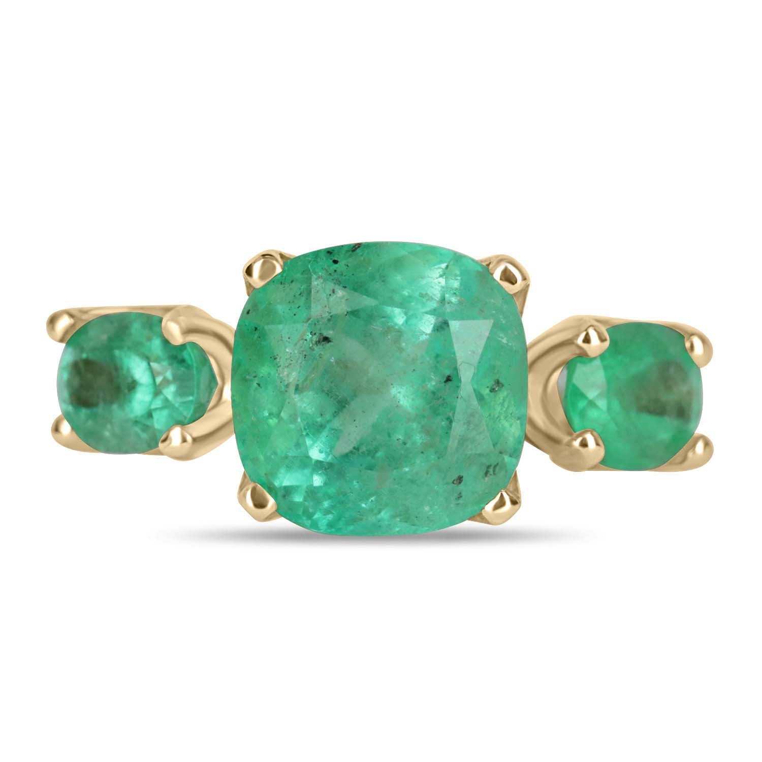 8.90tcw 14K Three Stone Cushion Cut & Oval Colombian Emerald Ring