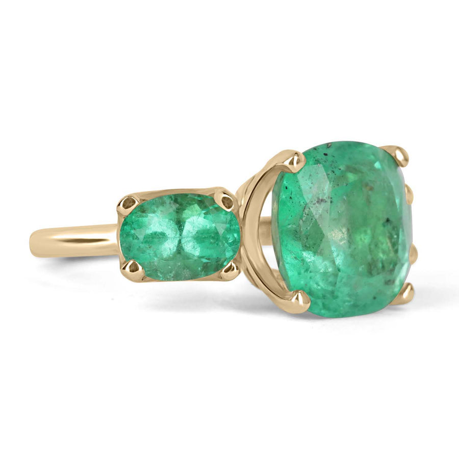 14K Three Stone Cushion Cut & Oval Colombian Emerald Ring