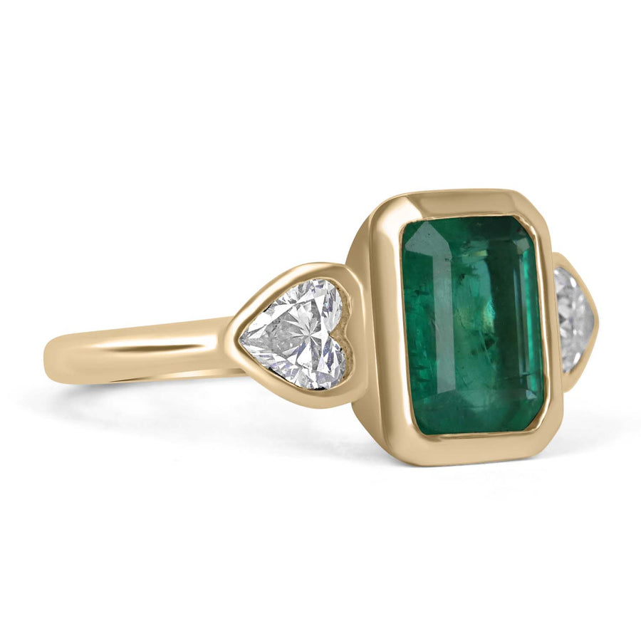 2.54tcw Emerald & Heart Cut Diamond Three Stone Bezel Ring Gold 14K