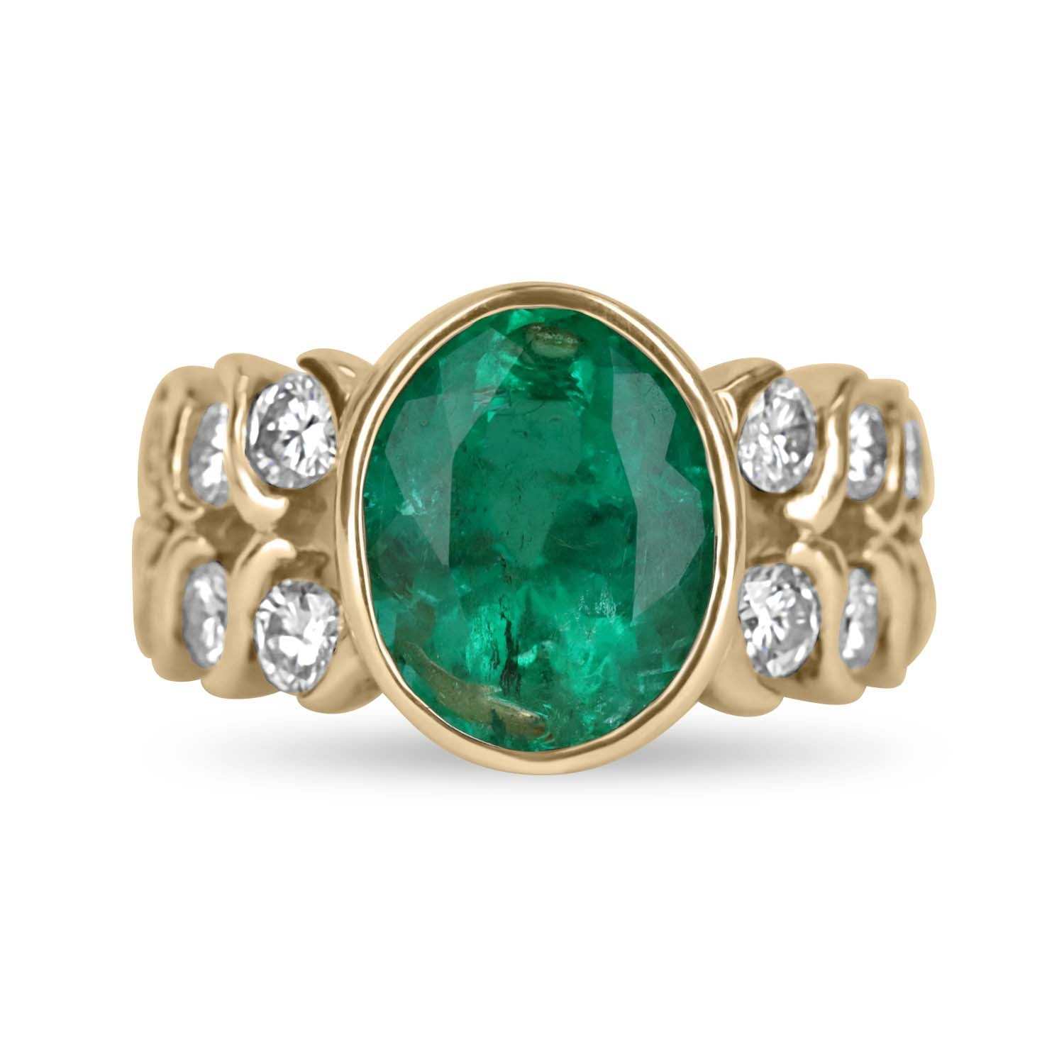 5.80tcw Bezel Set Oval Colombian Emerald & Diamond Shank Statement Ring 14k