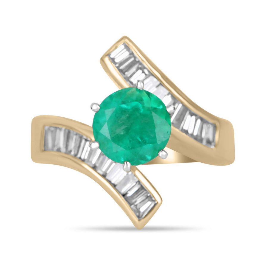 2.48tcw Natural Round Emerald & Baguette Diamond Cocktail Bypass Ring 14K
