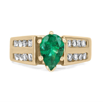 1.28tcw Fine Vivid Green Colombian Emerald Pear & Channel Set Diamond Cocktail Ring 14K