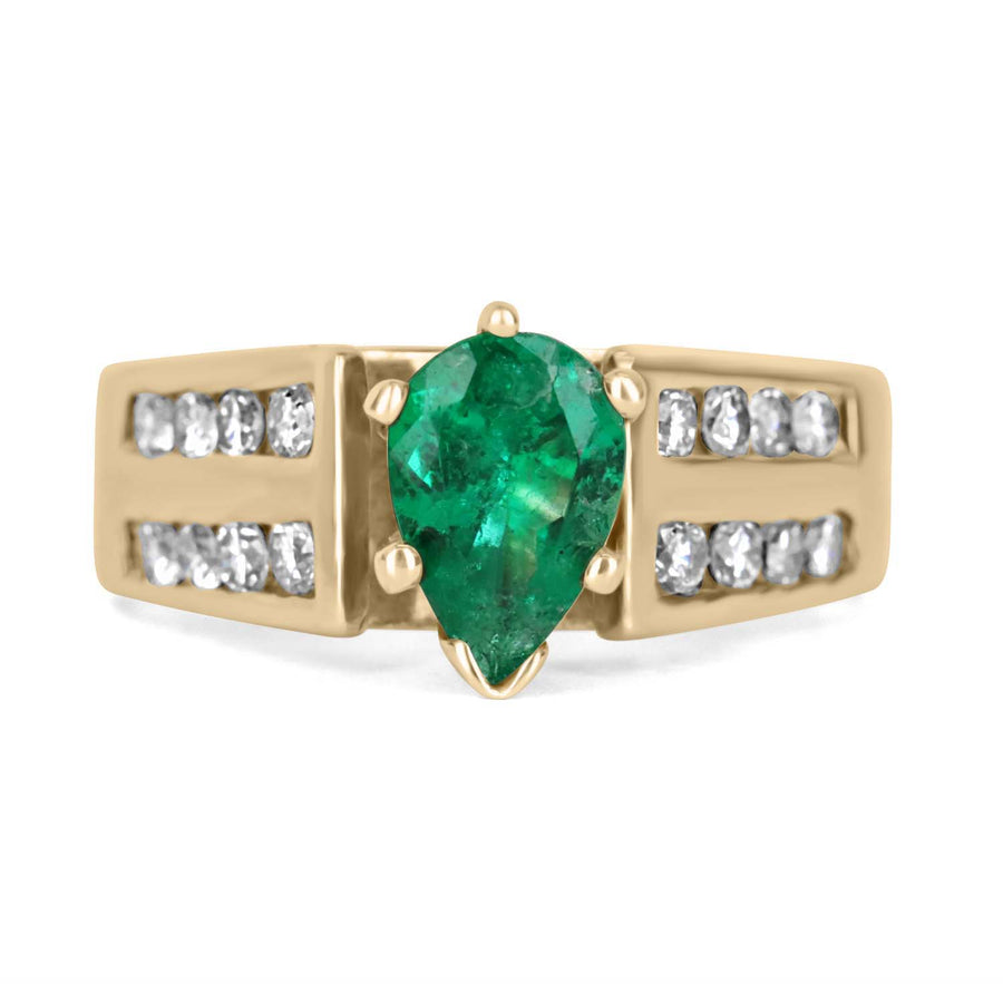 1.28tcw Fine Vivid Green Colombian Emerald Pear & Channel Set Diamond Cocktail Ring 14K