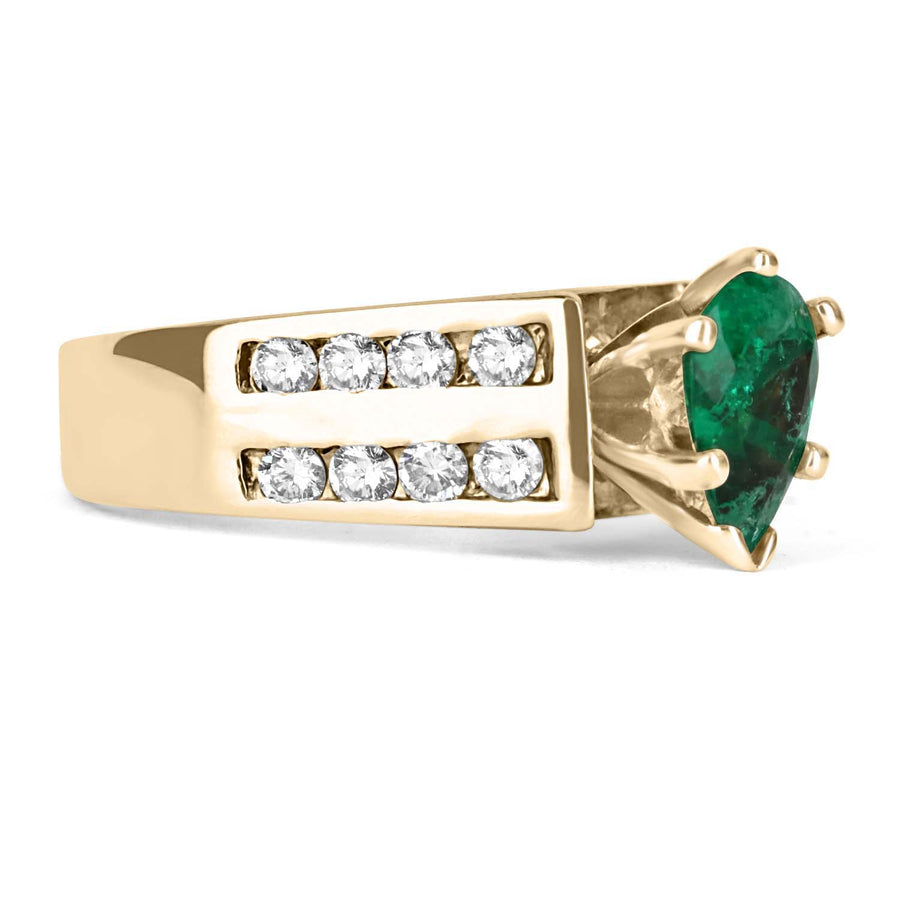 Fine Vivid Green Colombian Emerald Pear & Channel Set Diamond Cocktail Ring 14K