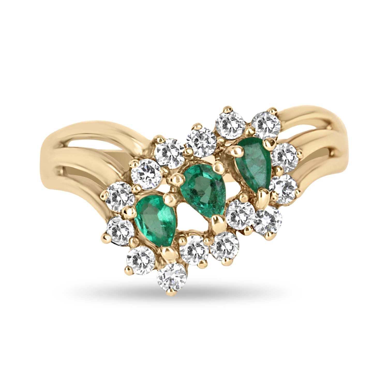 0.81tcw Trio Pear Emerald & Diamond Halo Ring 18K