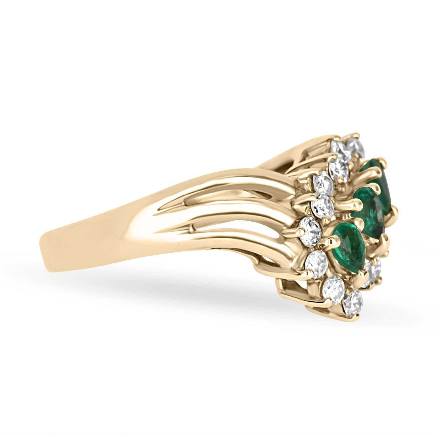 Trio Pear Emerald & Diamond Halo Ring 18K