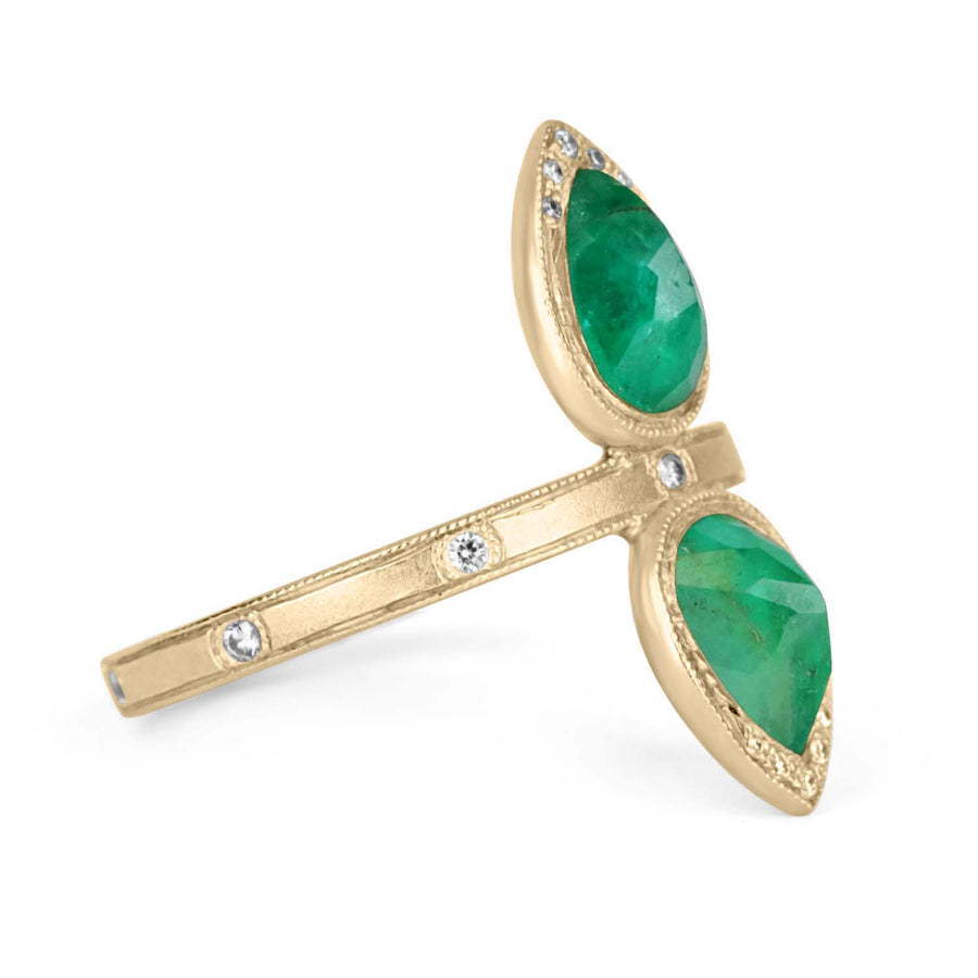 2.48tcw Rose Cut Pear Colombian Emerald & Diamond Statement 2 Stone Ring 18K gift
