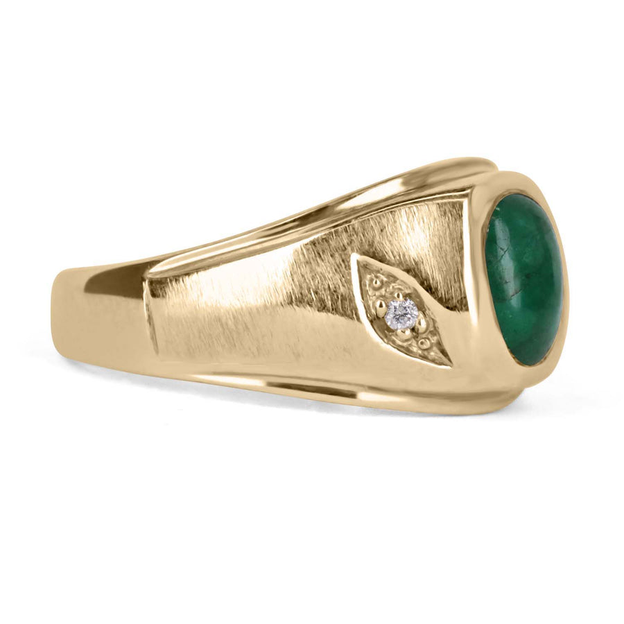 Oval Natural Emerald Cabochon & Diamond Three Stone Ring 10K