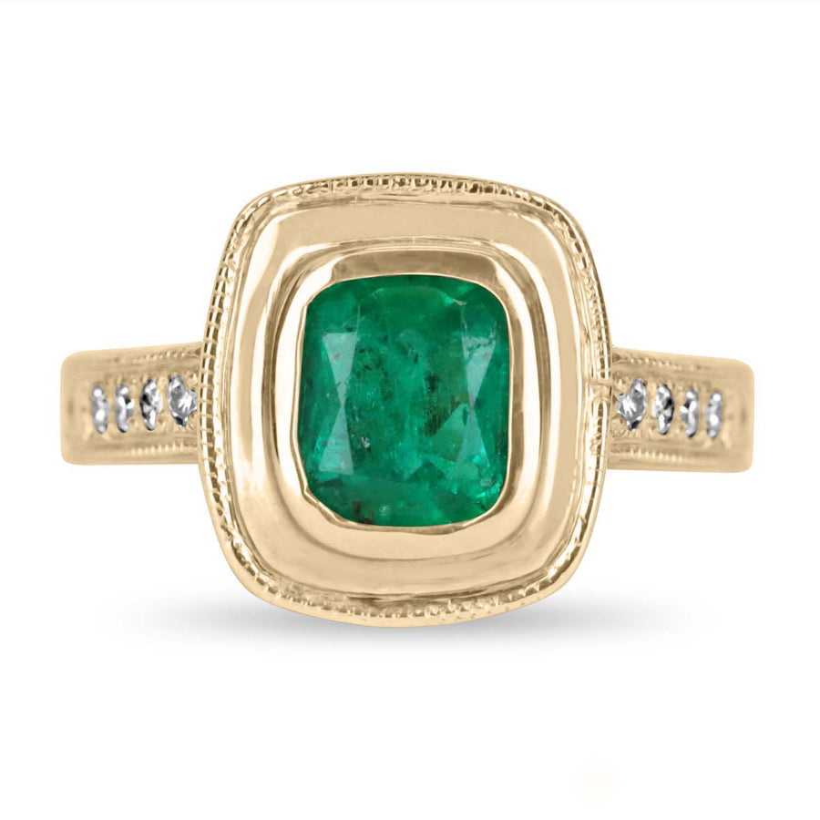 1.72tcw Bezel Set Cushion Cut Emerald & Diamond Shank Ring 14K