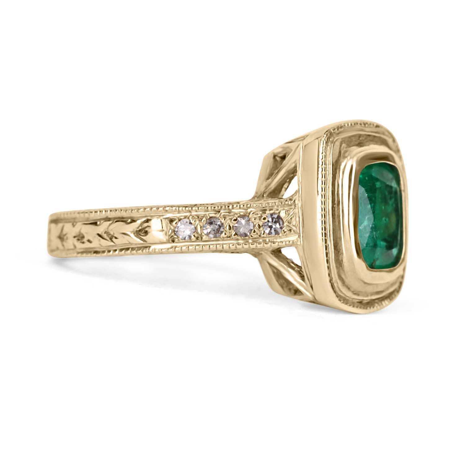 1.72tcw Bezel Set Cushion Cut Emerald & Diamond Shank Ring 14K Solid Gold