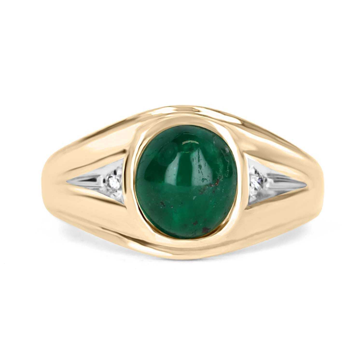 3.20tcw Natural Emerald Cabochon & Diamond Three Stone Men's Everyday Ring 14K - JR Colombian Emeralds