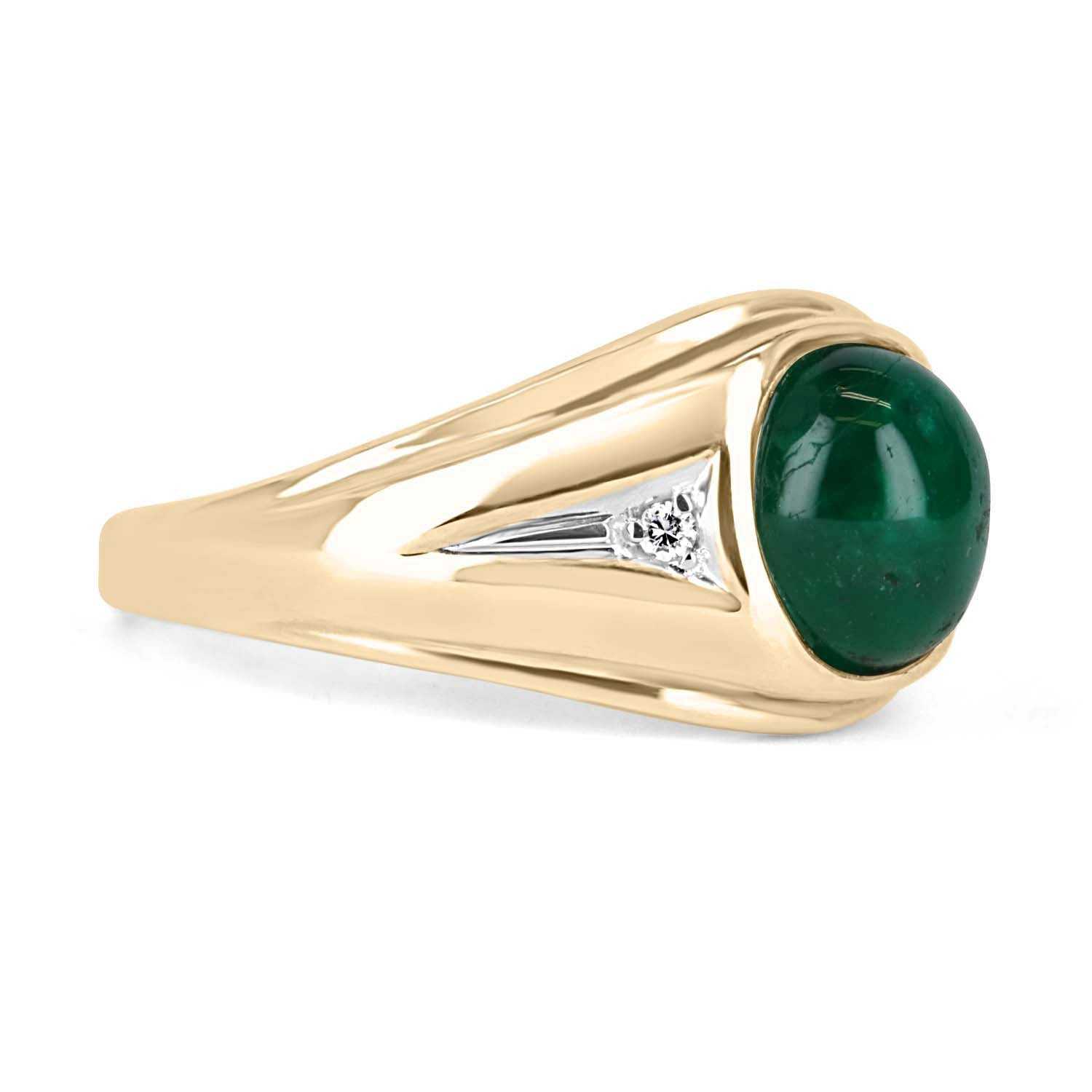 3.20tcw Natural Emerald Cabochon & Diamond Three Stone Men's Everyday Ring 14K - JR Colombian Emeralds