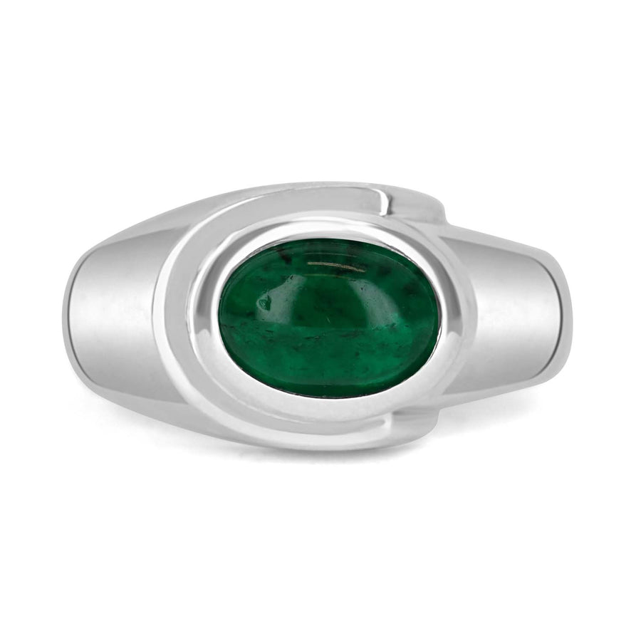 1.70 Carat Dark Top Green Emerald Cabochon Mens Ring 14K