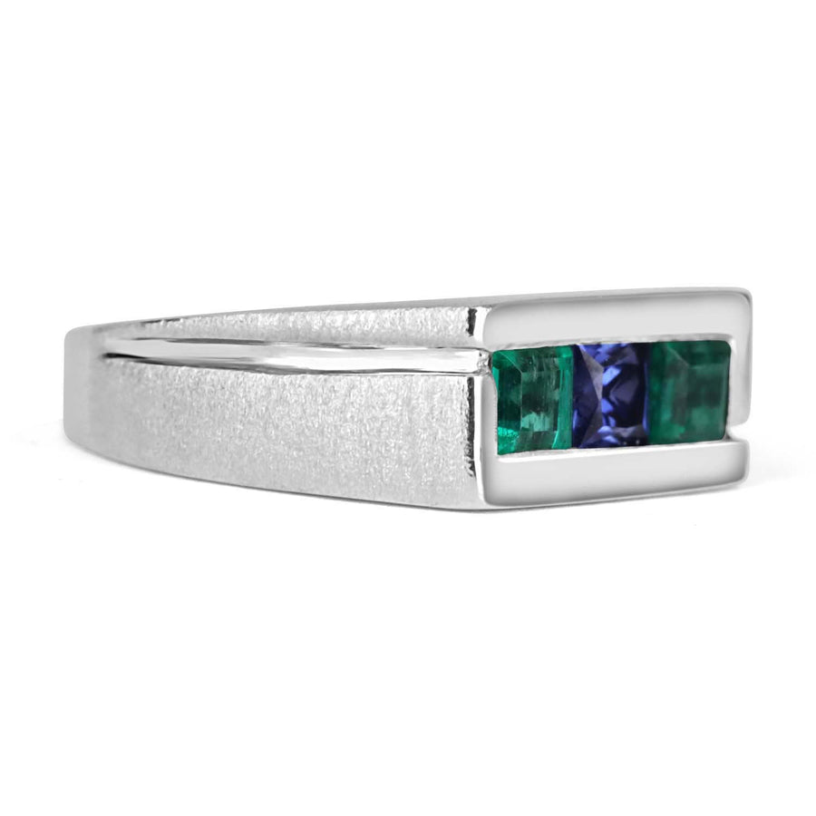 Three Stone Colombian Emerald & Tanzanite Ring Band 10K