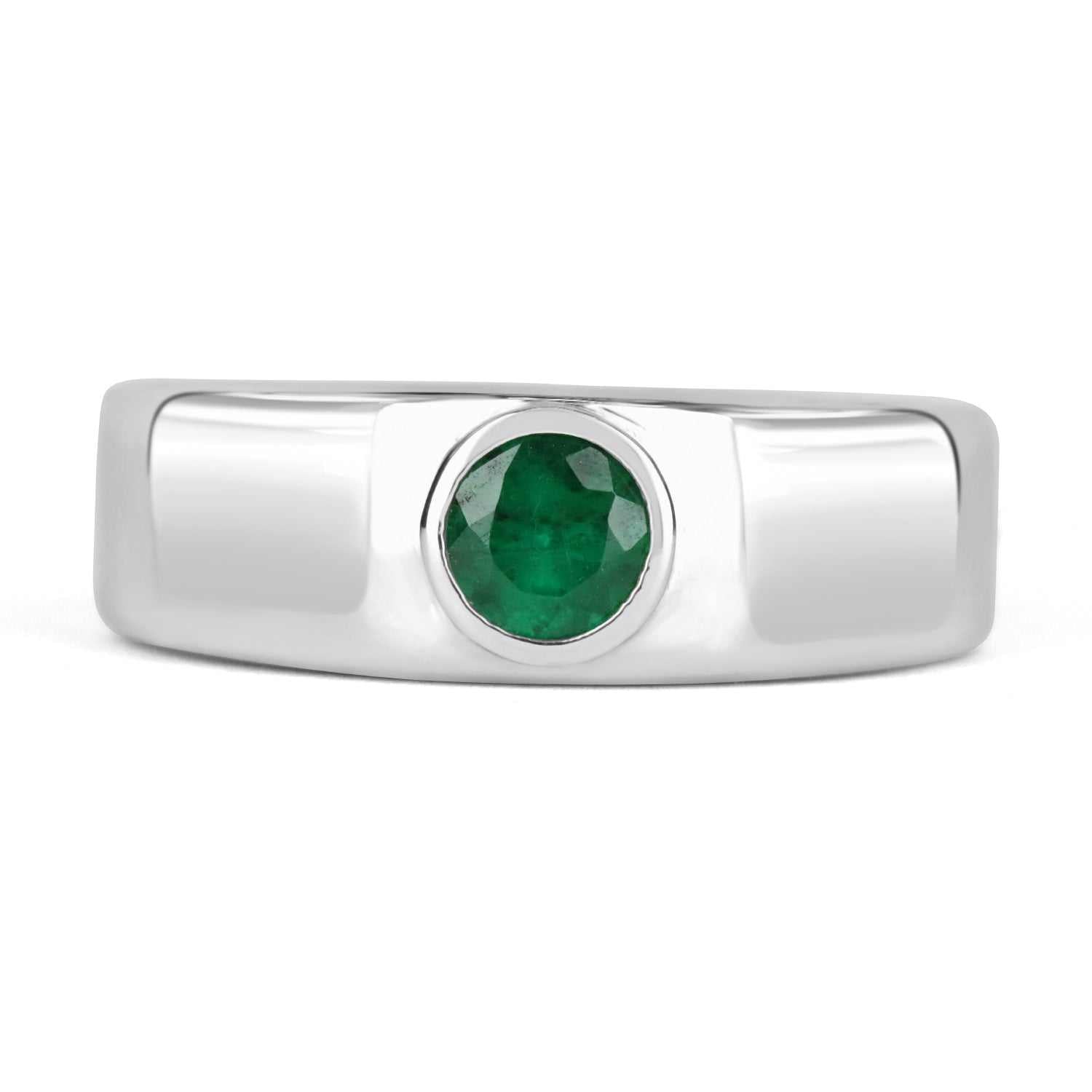 0.70 Carat Round Colombian Emerald Bezel Men's Ring 14K