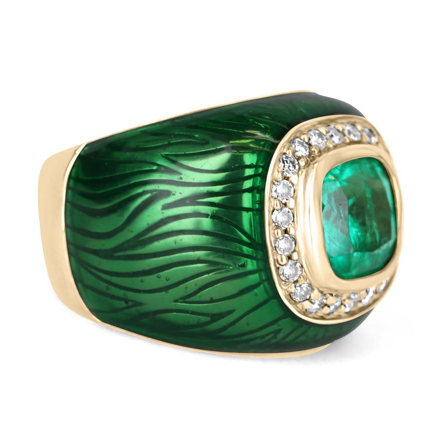 Colombian Emerald Diamond & Enamel Mens Ring 14K