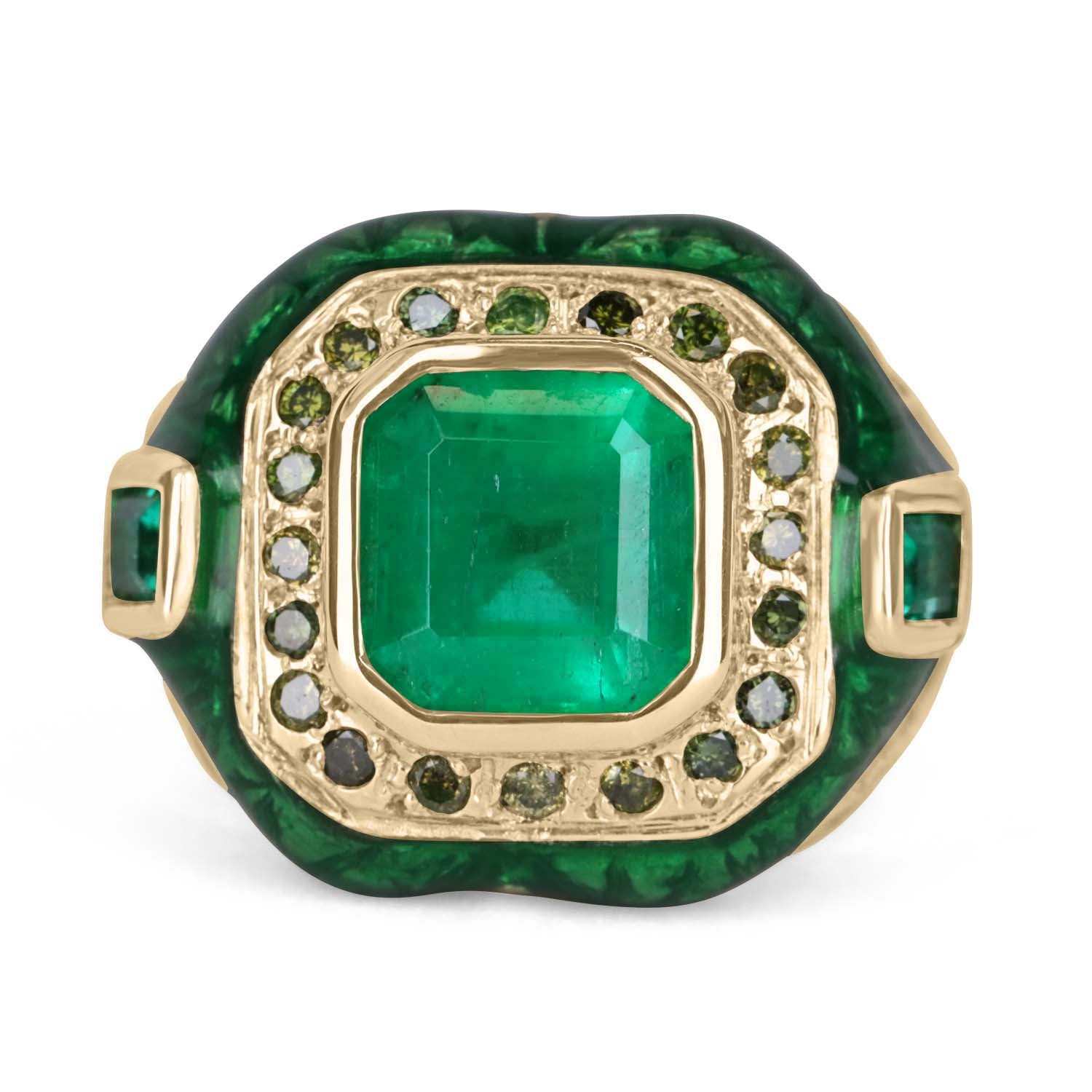 5.30tcw Colombian Emerald & Green Diamond Enamel Ring in Solid 14K for Men