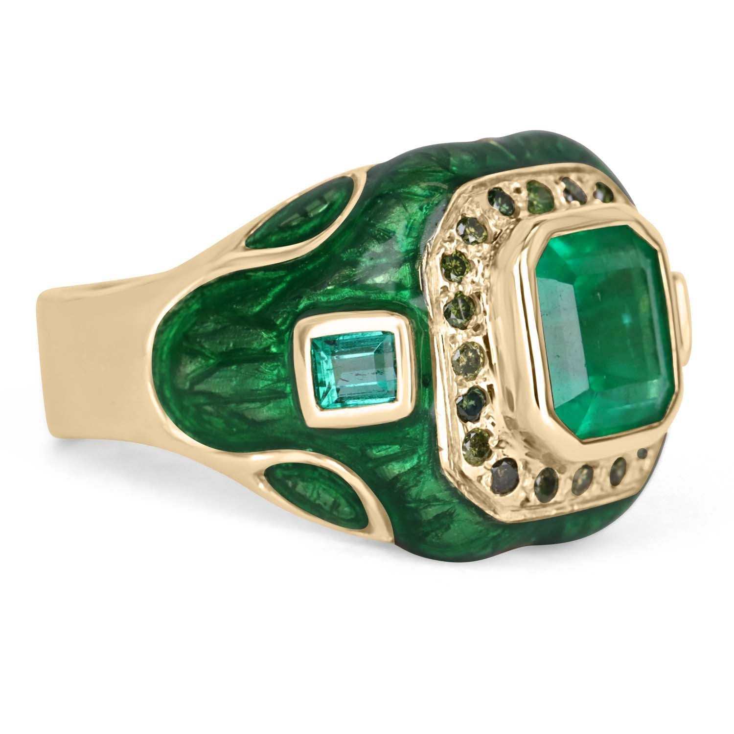 Colombian Emerald & Green Diamond Men's Ring with Enamel in 14K Gold