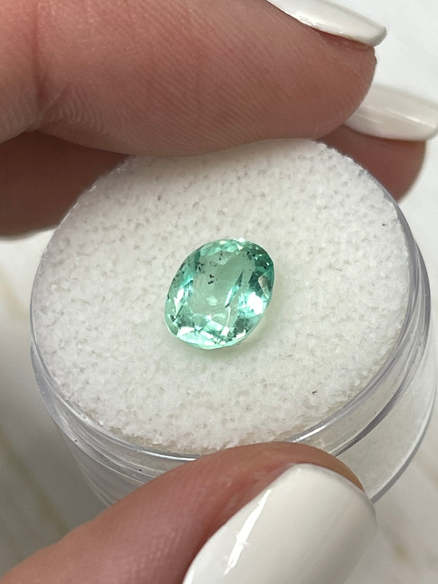 Colombian Emerald Gemstone - 2.10 Carat Oval Cut in Freckled Sea Foam Green Hue