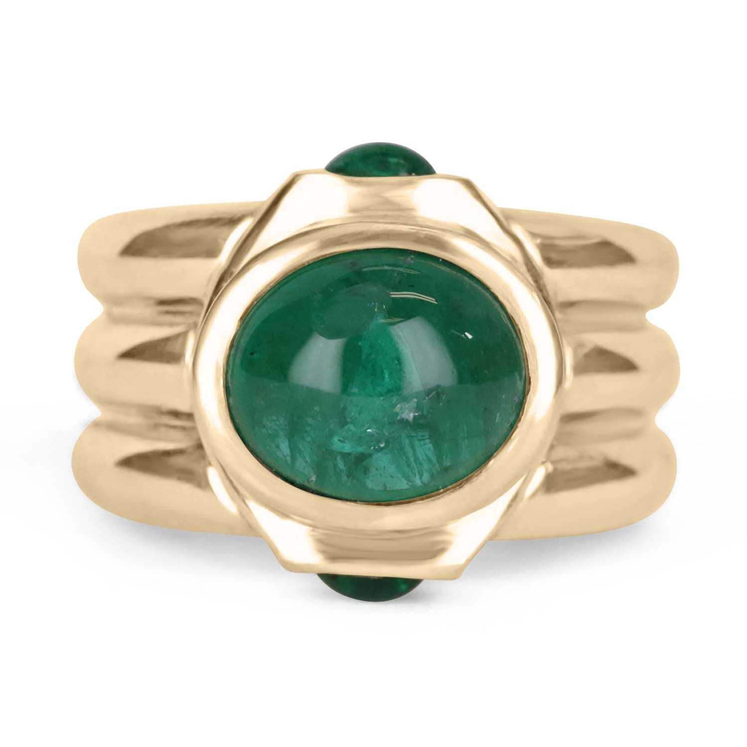 3.87tcw 14K Emerald Cabochon Three Stone Mens Ring - JR Colombian Emeralds