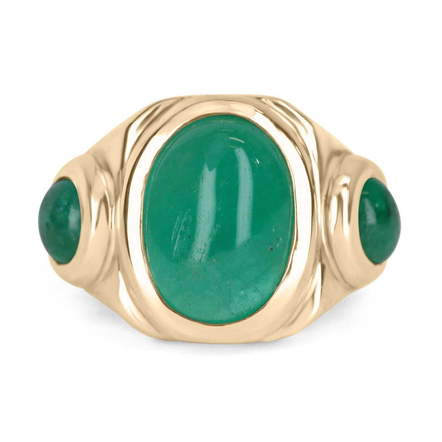 10.35tcw Three Stone Colombian Emerald Cabochon Mens Ring 14K