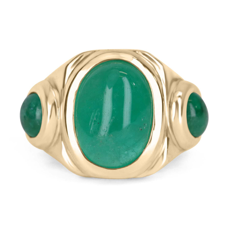 10.35tcw Three Stone Colombian Emerald Cabochon Mens Ring 14K
