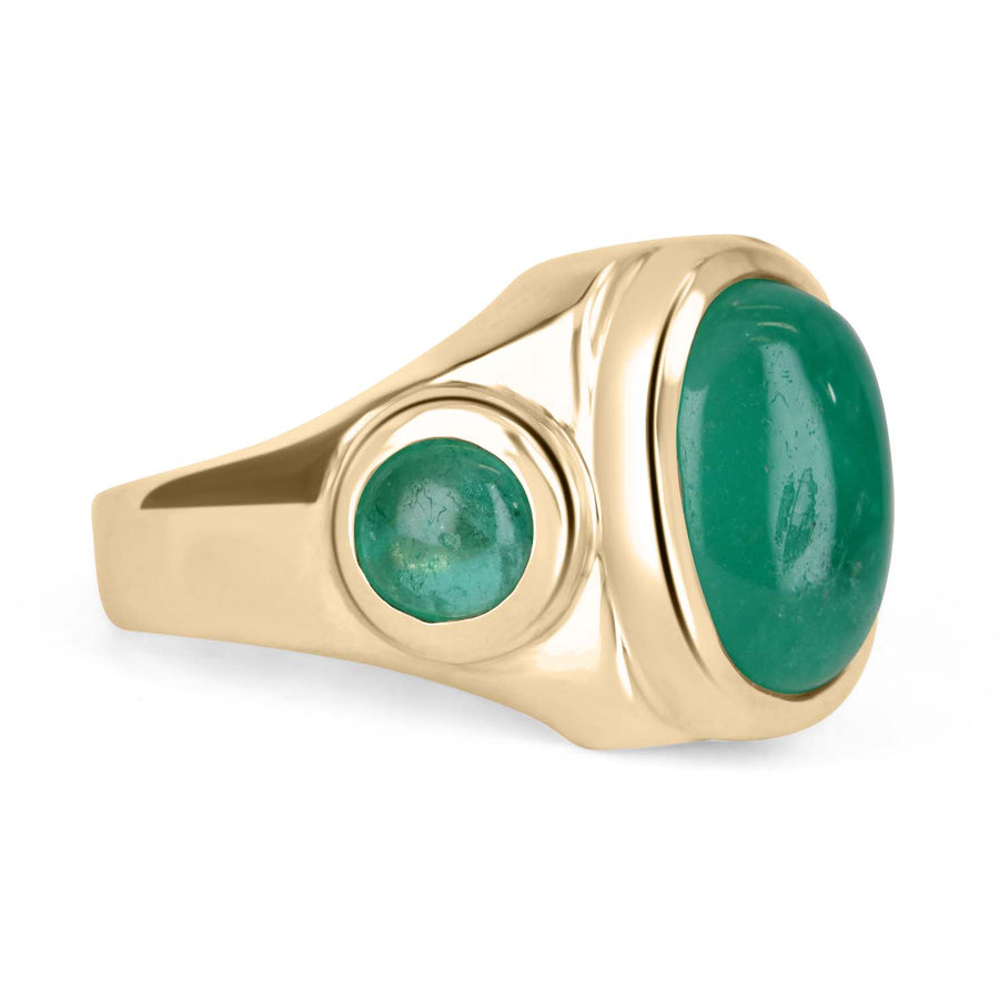 Three Stone Colombian Emerald Cabochon Mens Ring 14K