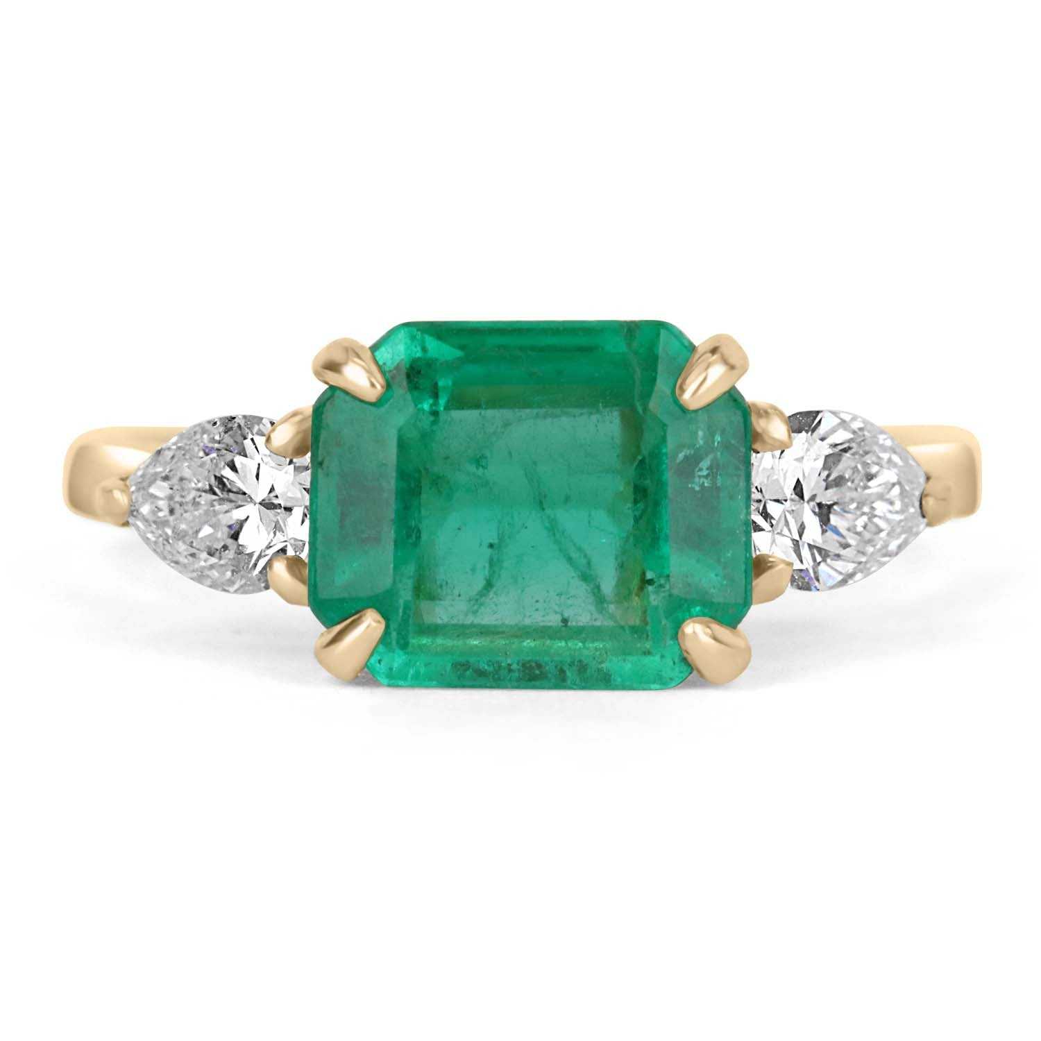 2.77tcw Natural Emerald-Emerald Cut & Pear Cut Diamond Three Stone Gold Ring 18K