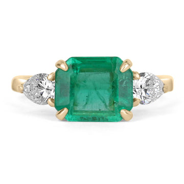 2.77tcw Natural Emerald-Emerald Cut & Pear Cut Diamond Three Stone Gold Ring 18K