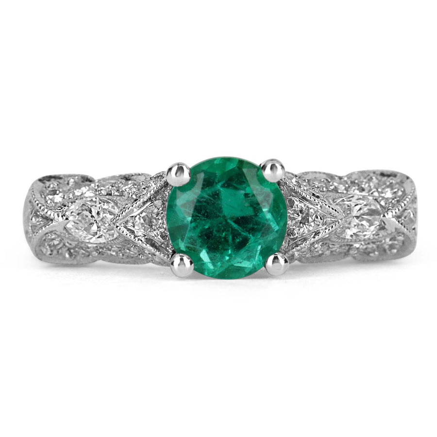 Cabochon Colombian Emerald and Diamond Three-Stone Ring 14K
