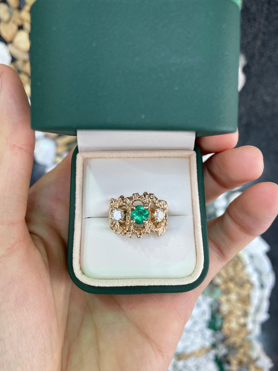 Three stone 1.54tcw Round emerald and diamond yellow gold nugget pinky ring 14K gift