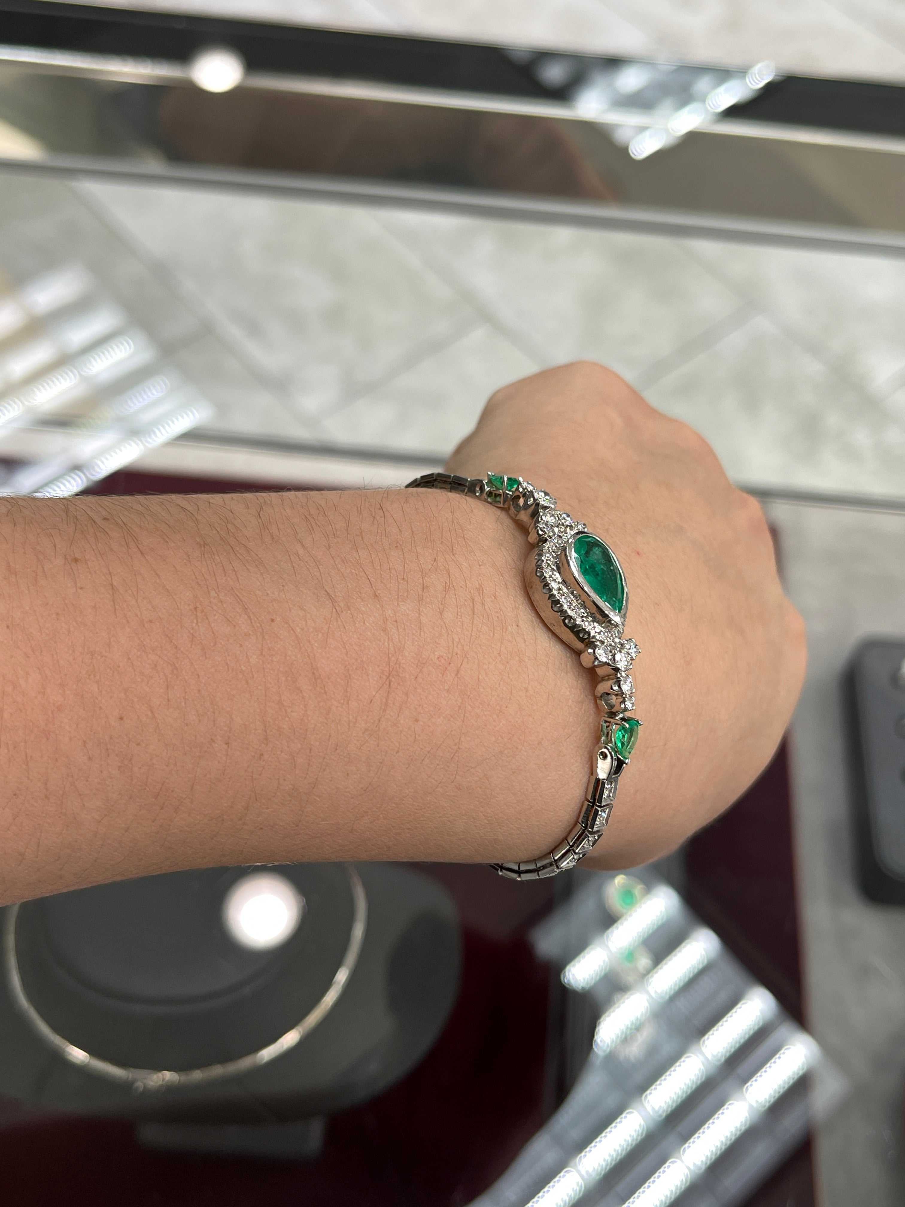 Vintage Pear 7.27tcw Colombian Emerald & Diamond Bracelet White Gold 14K