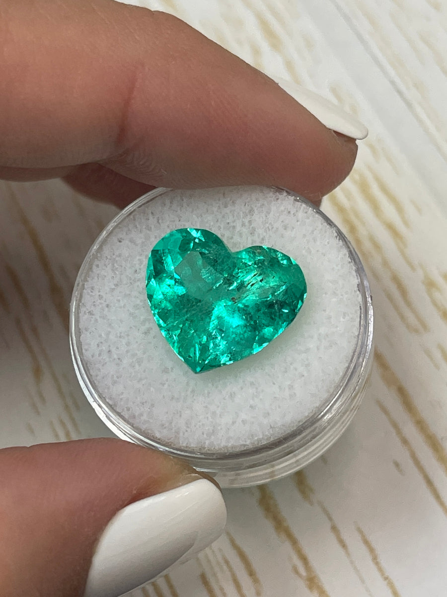 Heart-Cut 14x15mm Loose Colombian Emerald - Natural Bluish Green Gem, 8.90 Carats