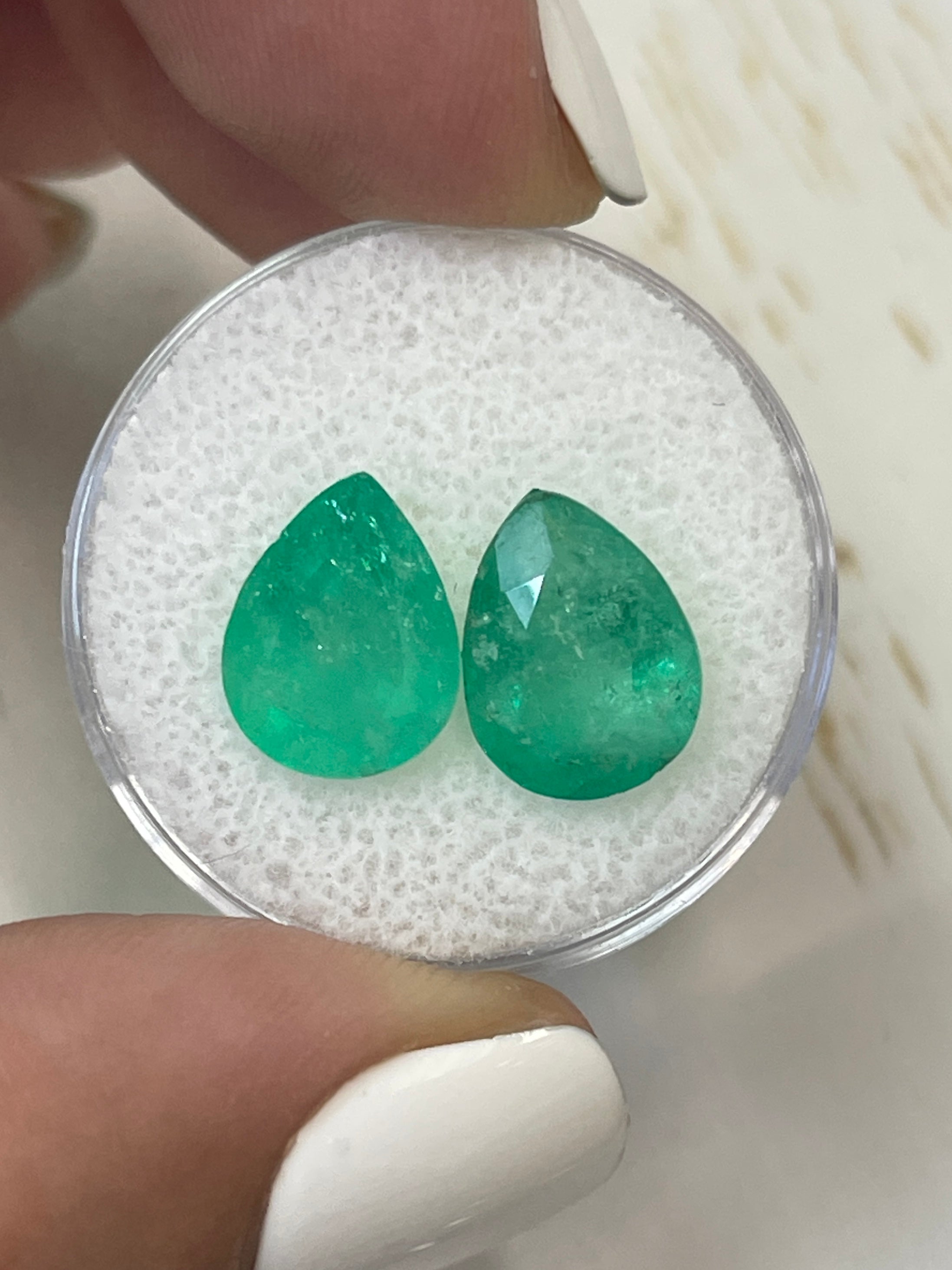 5.86tcw 11x9 Earthy Matching Loose Colombian Emeralds-Pear Cut - JR Colombian Emeralds