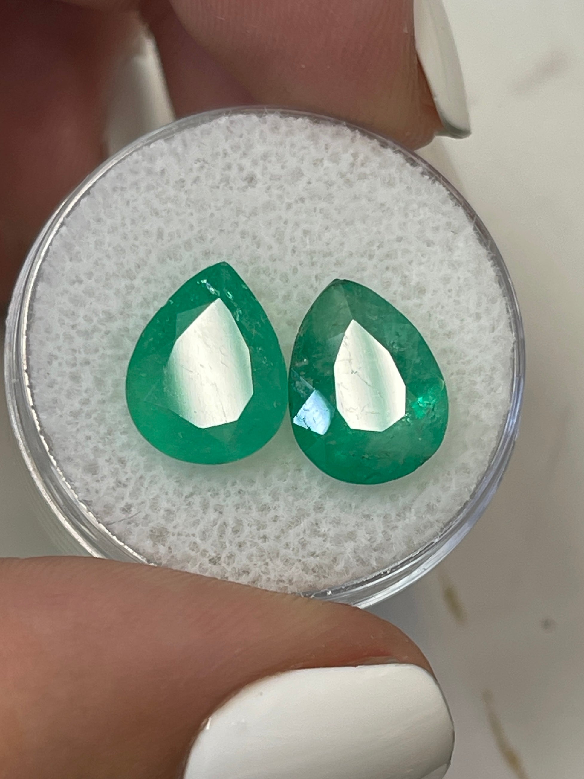 5.86tcw 11x9 Earthy Matching Loose Colombian Emeralds-Pear Cut - JR Colombian Emeralds