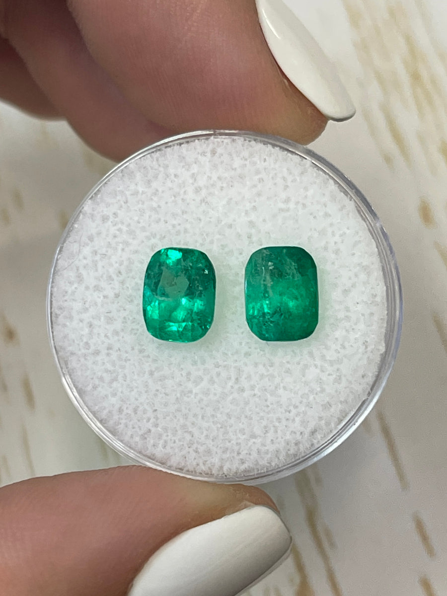 Pair of 2.59 Total Carat Weight Cushion Cut Colombian Emeralds with Matching Deep Green Hue
