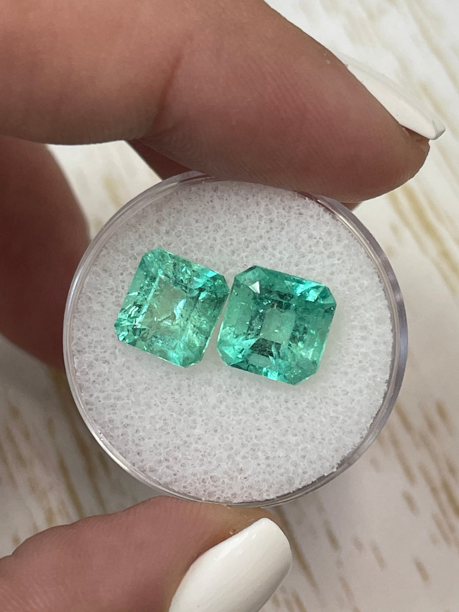 Green Colombian Emeralds - Asscher Cut, 5.49 Carats, 8.5x8 Matching Pairs