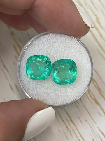 Cushion Cut Loose Colombian Emeralds - 6.74 Total Carat Weight, 9.5x9.5 mm - Bluish Green Natural Matched Gems