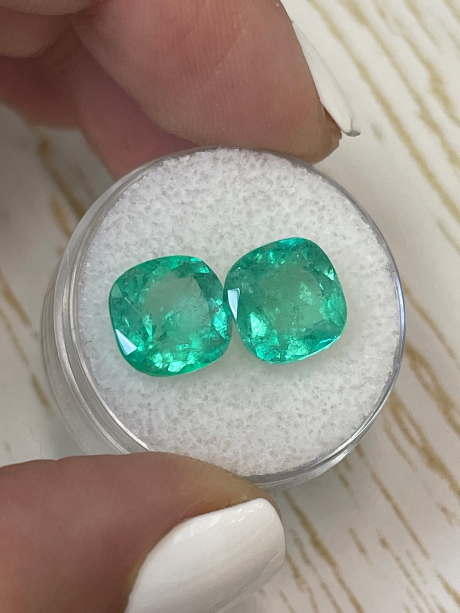 6.74tcw Colombian Emeralds - 9.5x9.5 Cushion Cut - Perfectly Matching Bluish Green Gemstones