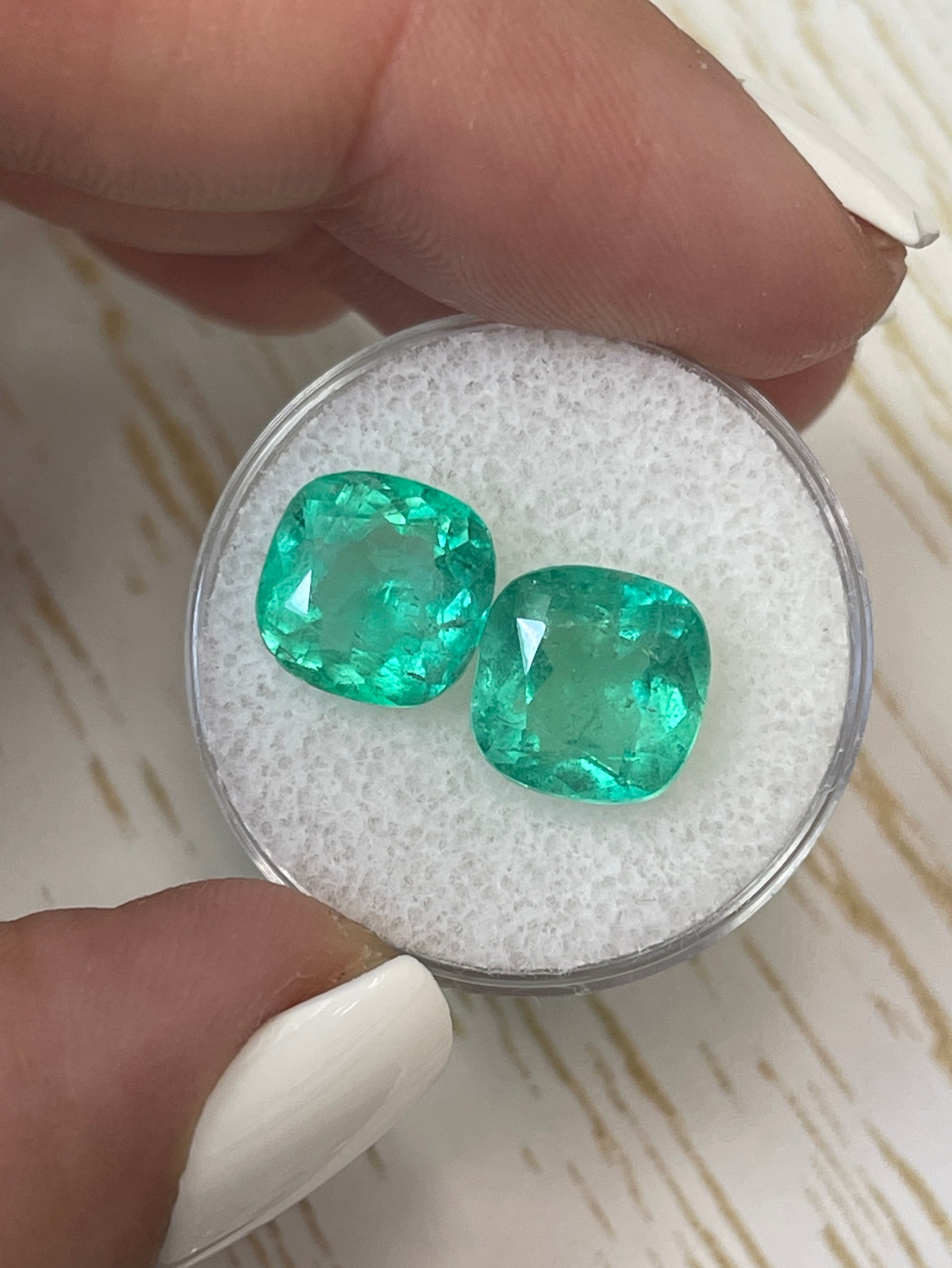 6.74tcw 9.5x9.5 Matching Bluish Green Natural Loose Colombian Emeralds-Cushion Cut