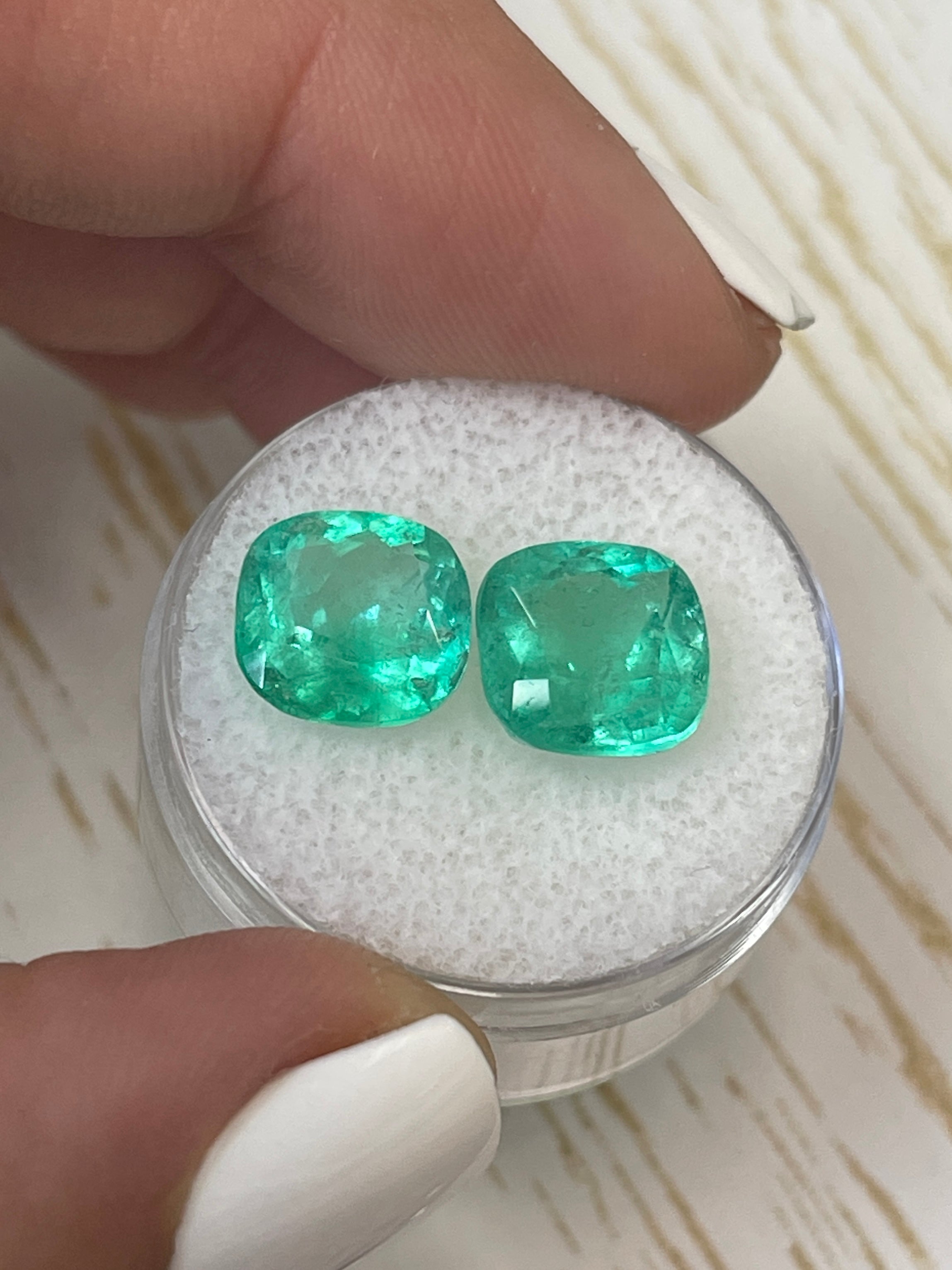 6.74tcw 9.5x9.5 Matching Bluish Green Natural Loose Colombian Emeralds-Cushion Cut