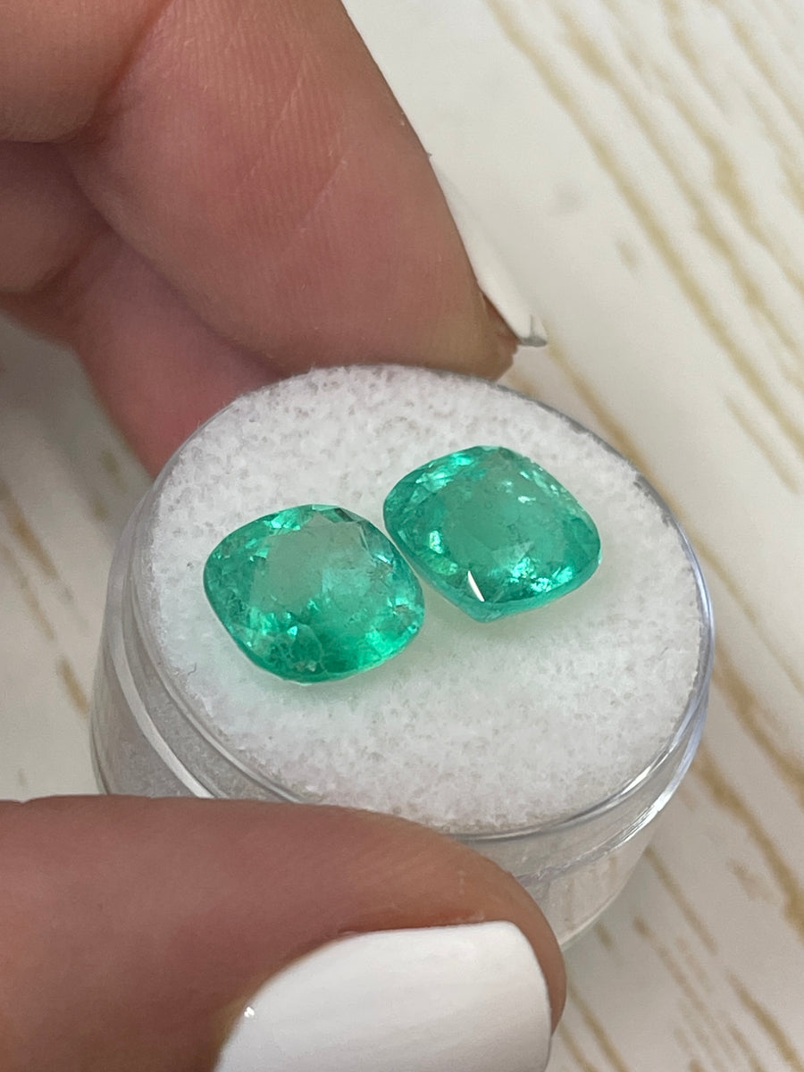Colombian Emeralds Set - 6.74tcw, 9.5x9.5 Cushion Cut - Matched Bluish Green Gem Pair
