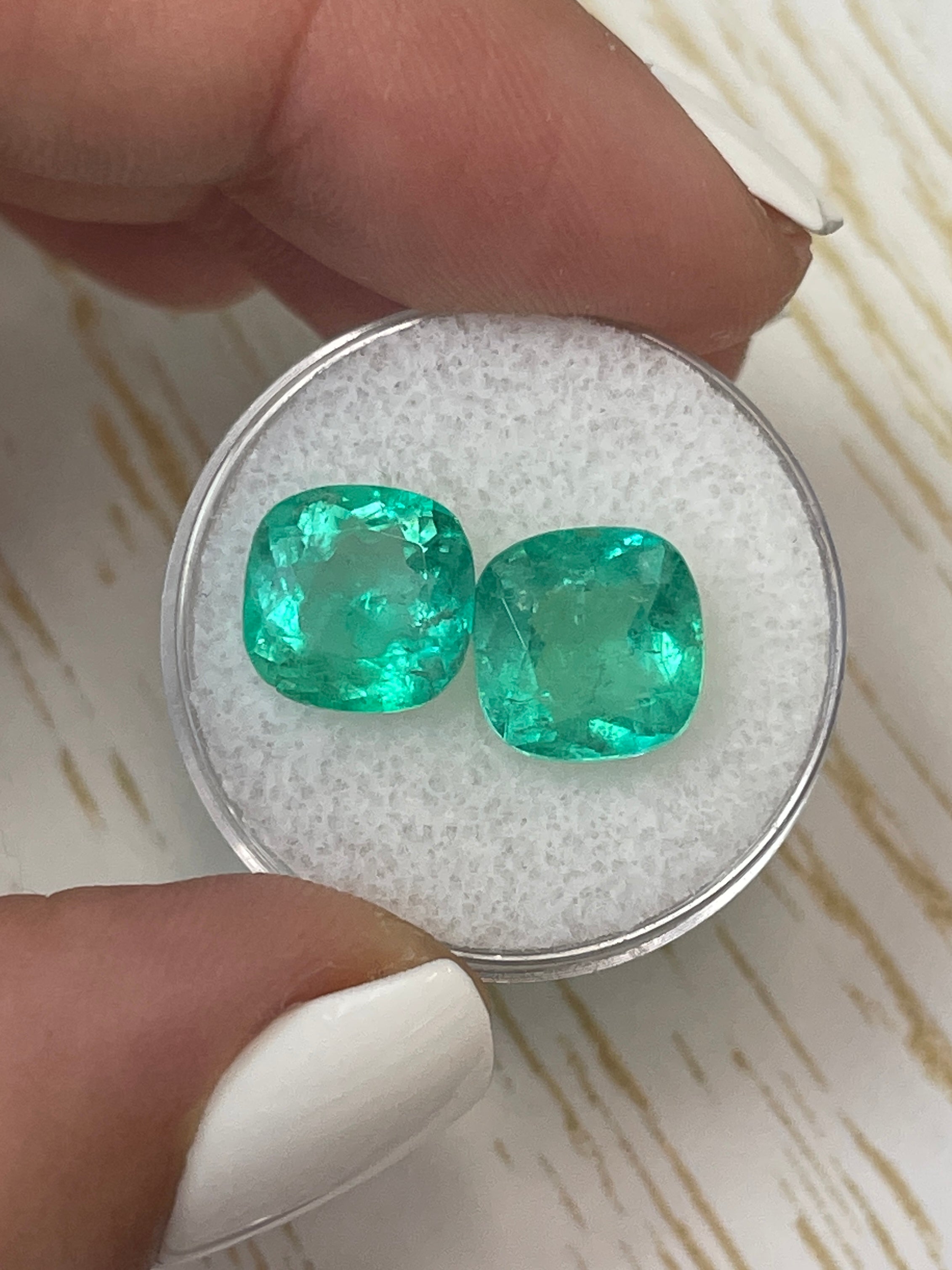 6.74tcw 9.5x9.5 Matching Bluish Green Natural Loose Colombian Emeralds-Cushion Cut