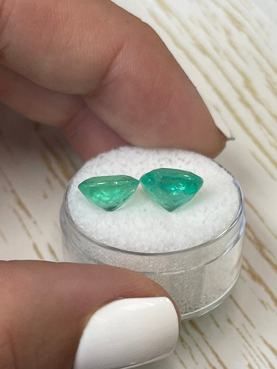 9.5x9.5 mm Cushion Cut Colombian Emeralds - 6.74tcw - Natural Gem Pair in Bluish Green